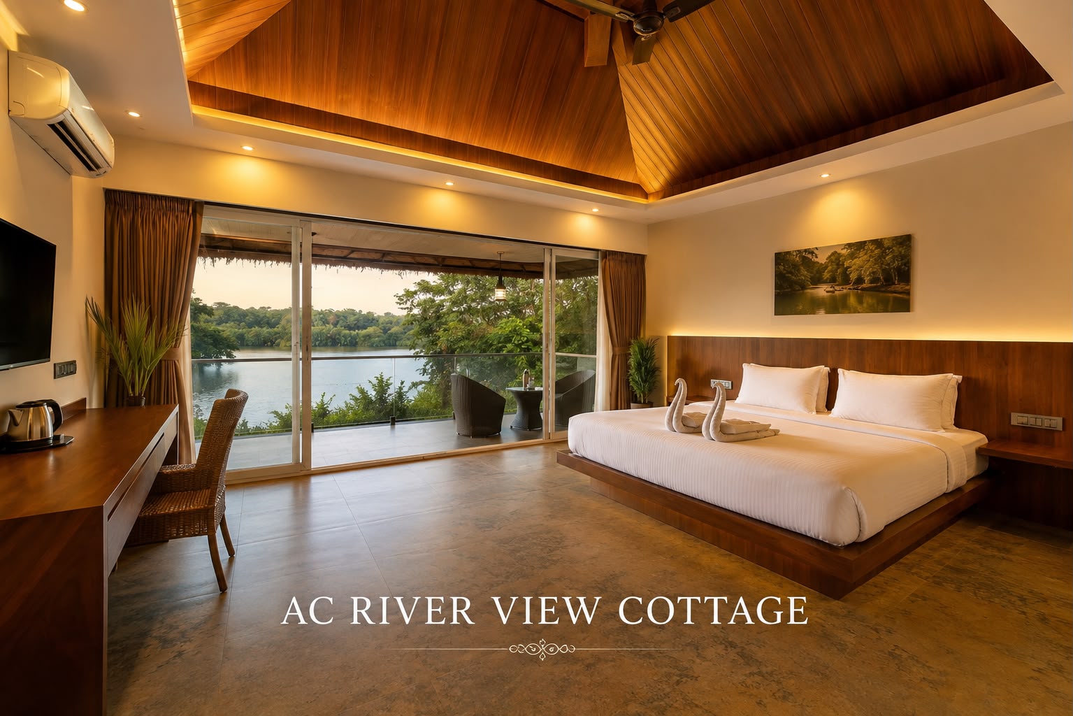 AC river-view cottage bedroom overlooking the river at Fortune Woods Dandeli