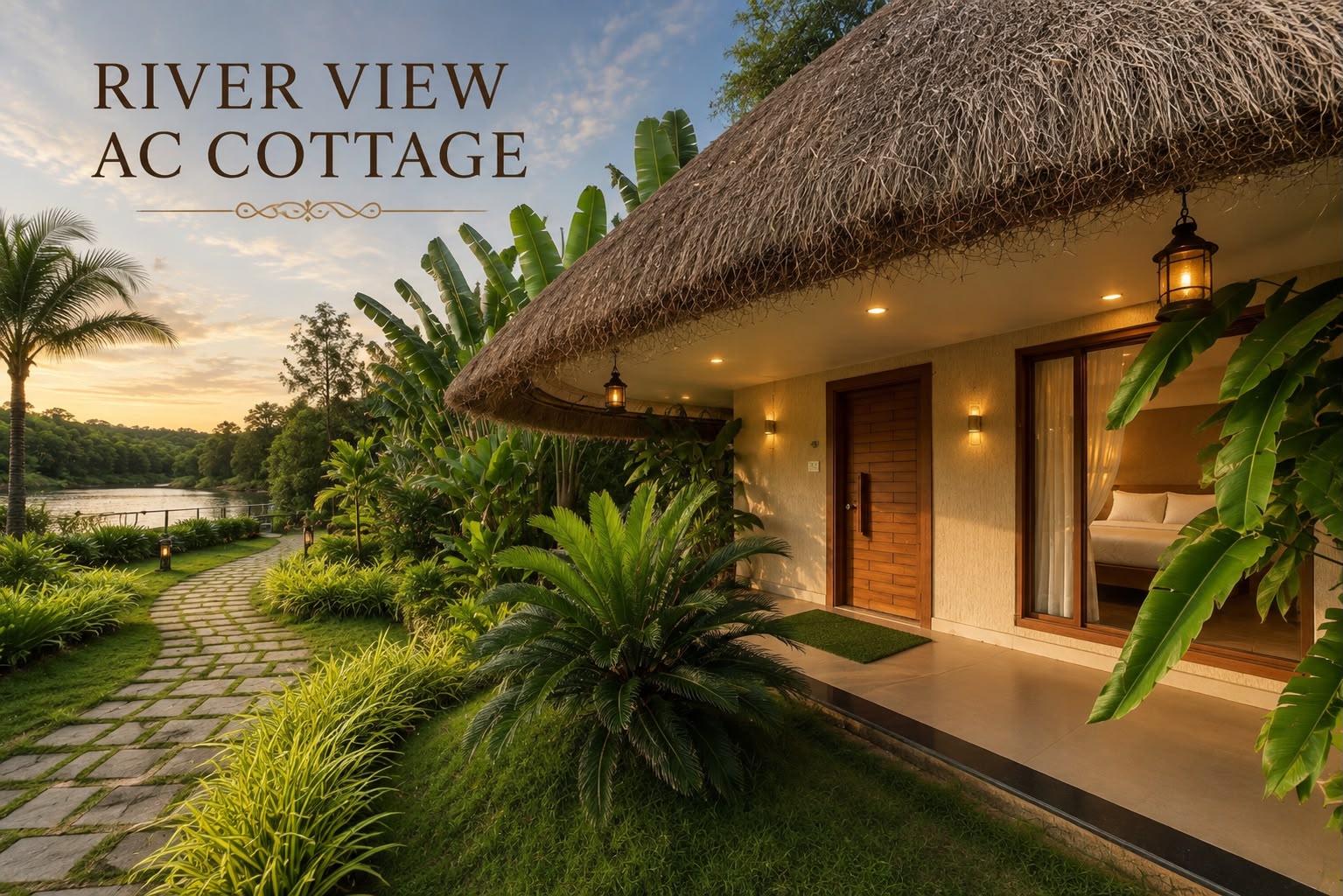 AC river-view cottage exterior and garden at Fortune Woods Dandeli
