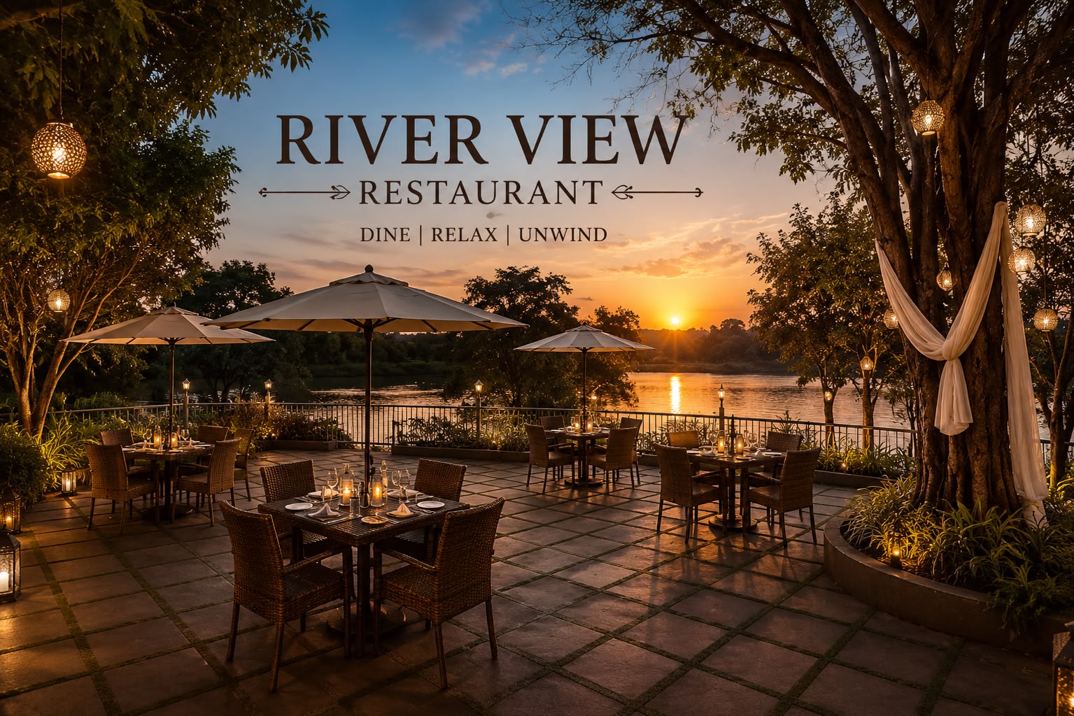 River-view restaurant at Fortune Woods Dandeli at sunset