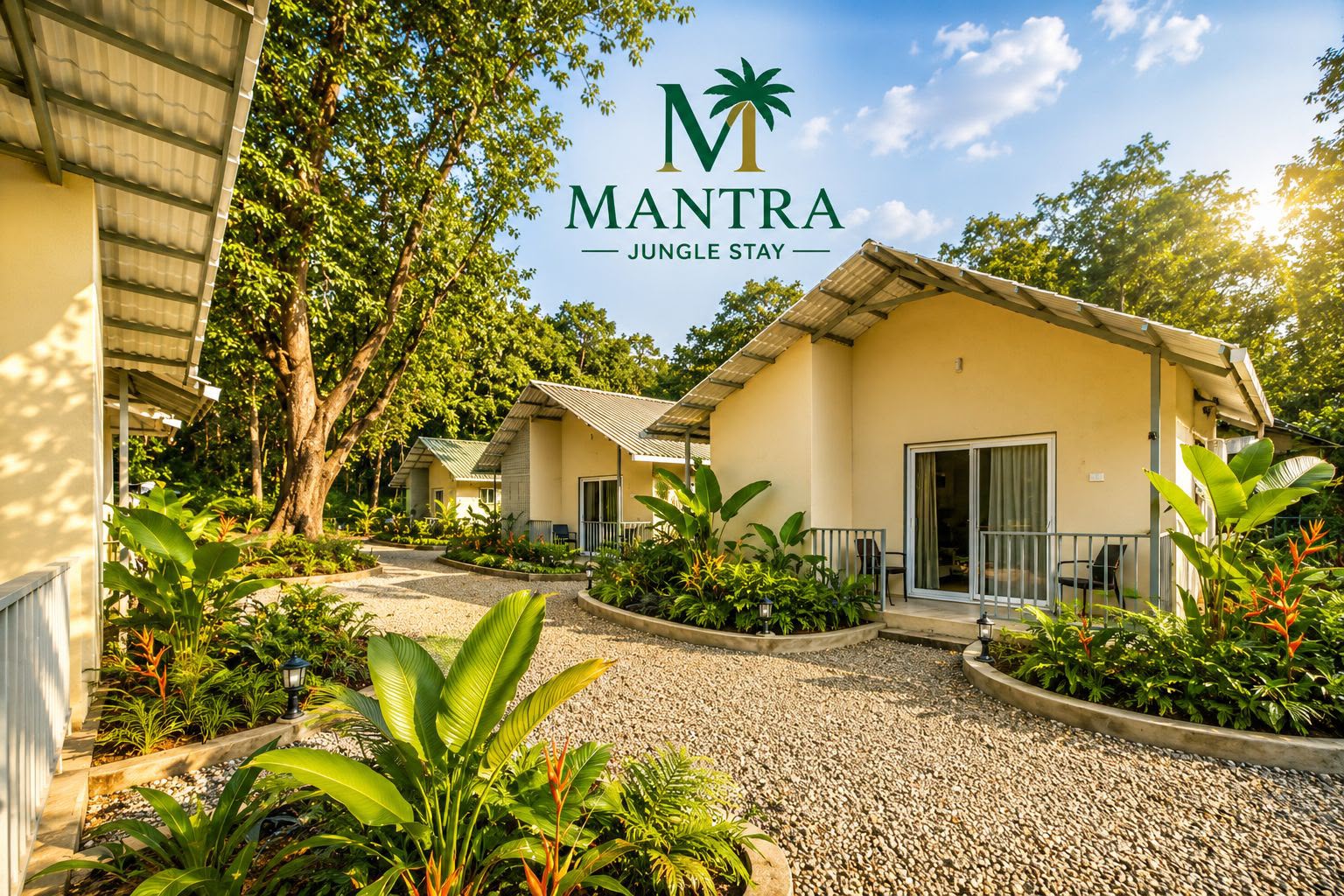 Daytime view of cottages and garden paths at Mantra Dandeli