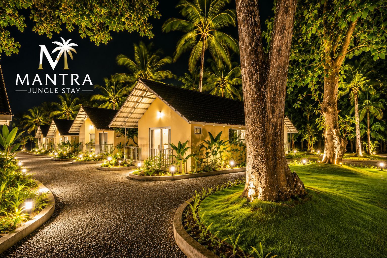 Illuminated cottage walkway at Mantra Dandeli in the evening