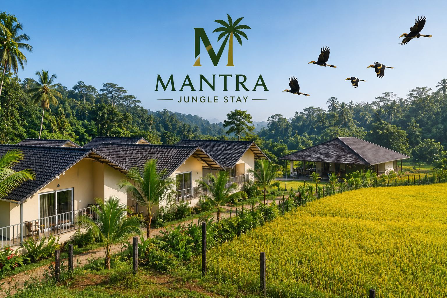 Mantra Dandeli cottages overlooking green fields and trees