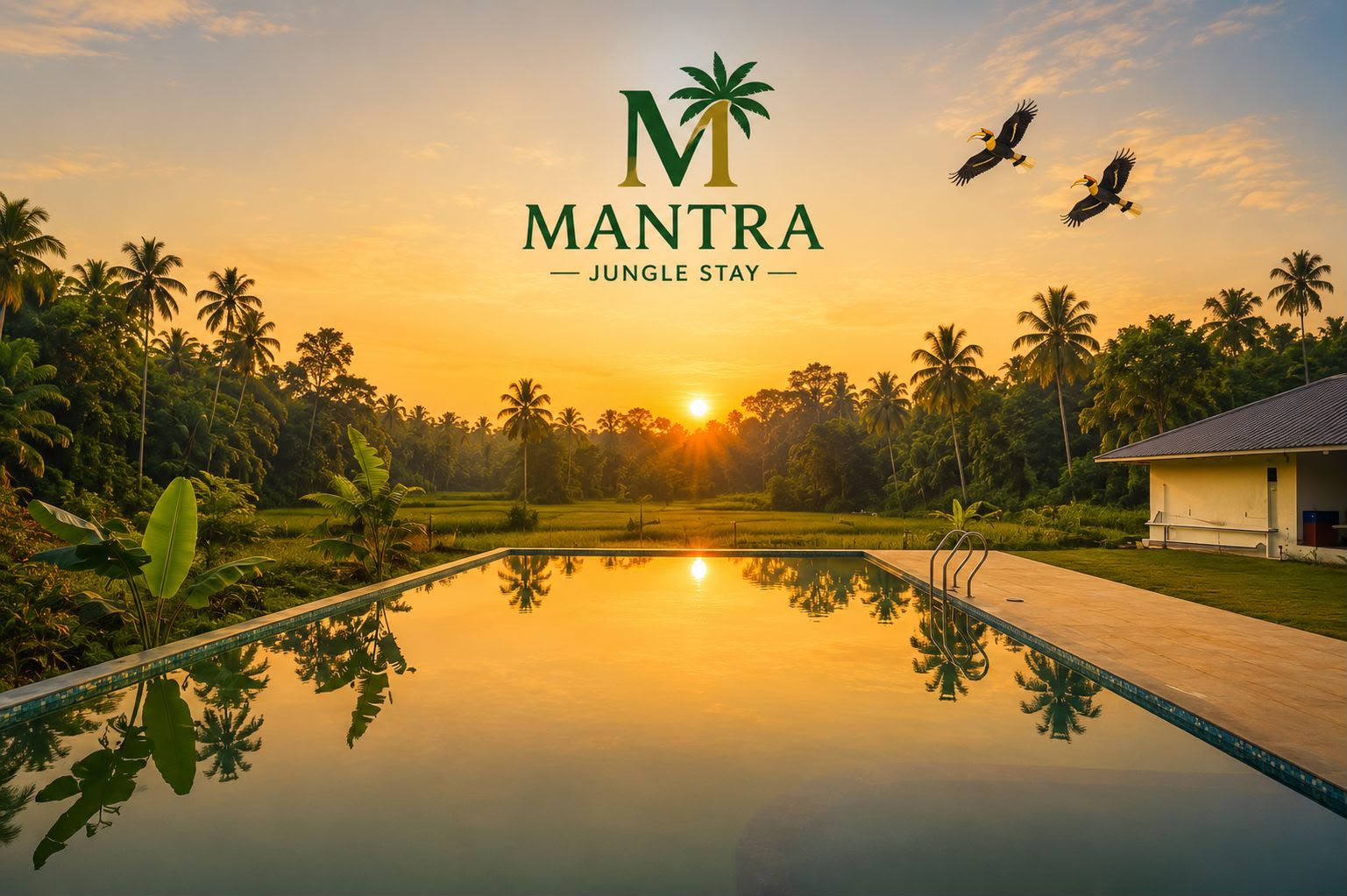 Swimming pool at Mantra Jungle Stay Dandeli at sunset