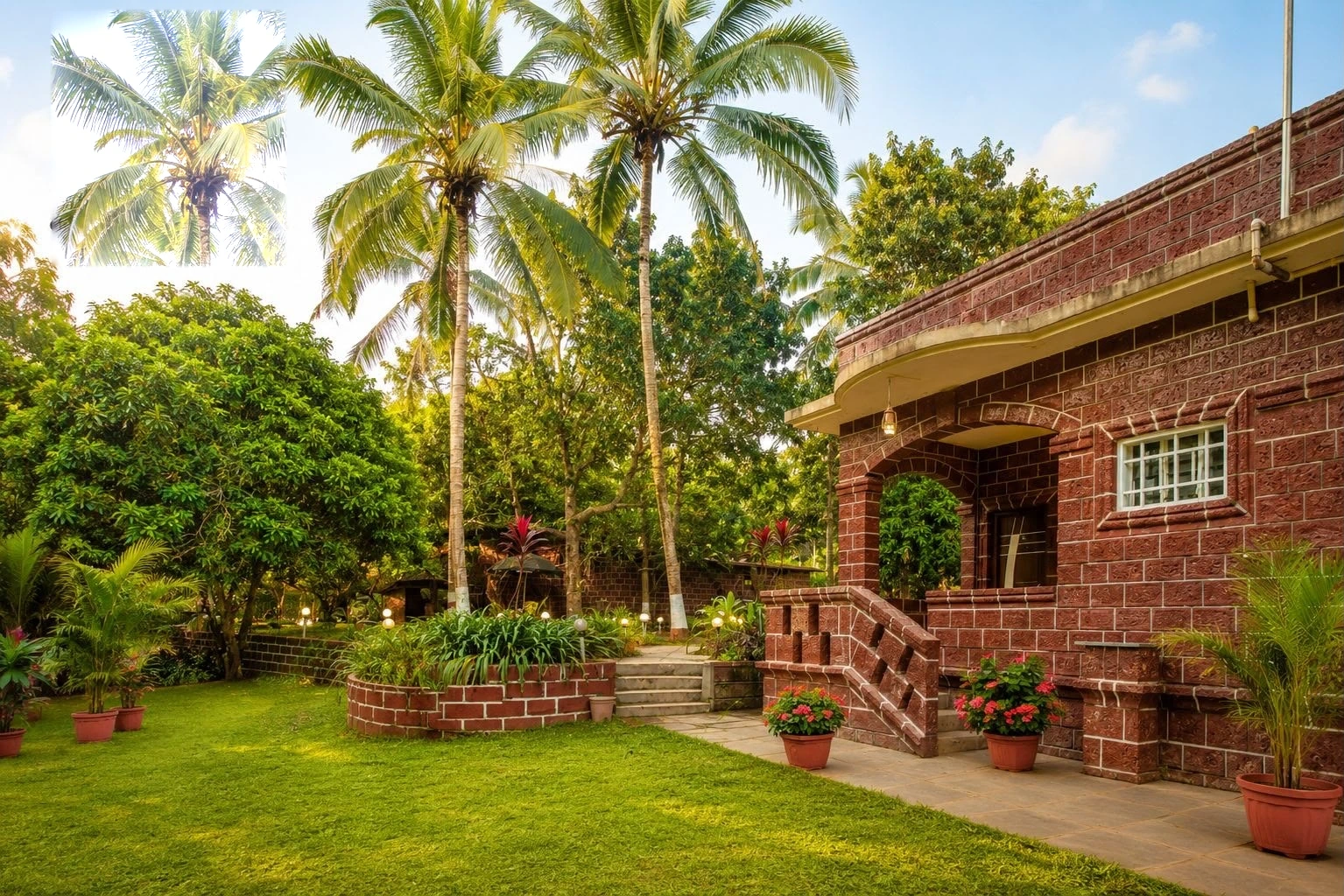 Red-brick cottages and garden at Nature Mist Dandeli