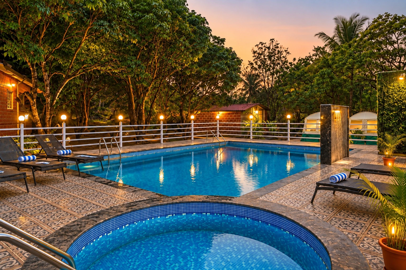Swimming pool at Nature Mist Dandeli at dusk